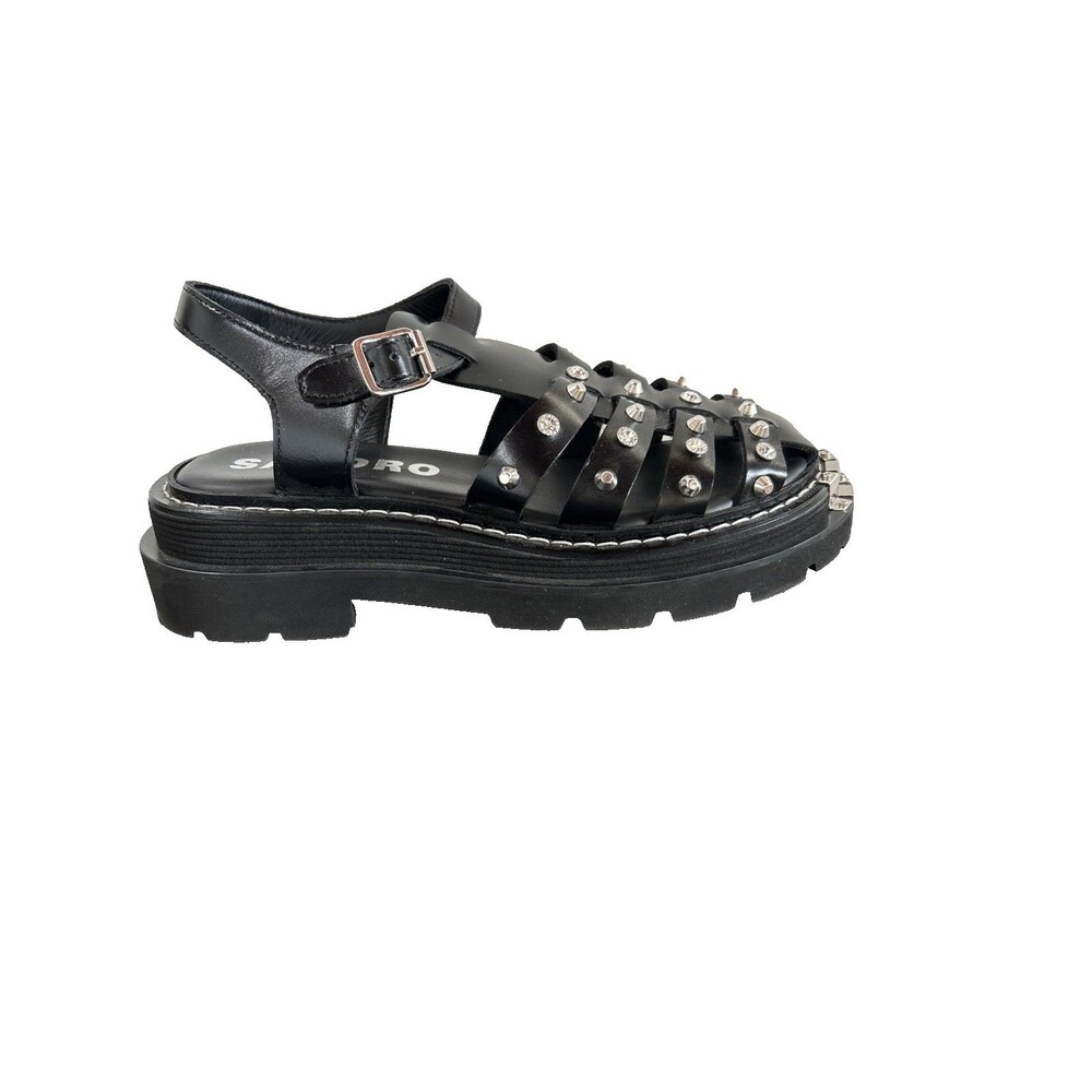 Sandro Olys Studded Leather Caged Fisherman Sandals Black Rhinestone Sz 39/US8.5 - Picture 9 of 11